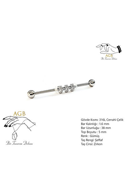 agbtasarım GÜMÜŞ ZİRKON TAŞLI "INDUSTRIAL" KIKIRDAK 3 AKSESUARLI KÖPRÜ PİERCİ...