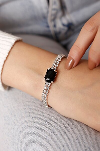 HUBANN Gümüş Kaplama 2 Sıralı Siyah Baget Taşlı Su Yolu Bileklik
