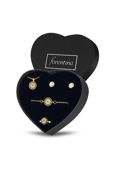 Forentina Altın Kaplama Nazar Boncuklu Kolye Bileklik Küpe Yüzük Kalpli Kutud...