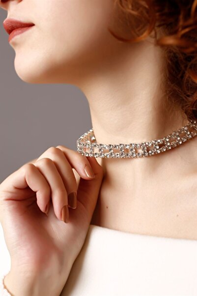 HUBANN Stylish Tasarım Gümüş Taşlı Kristal Choker Kolye Pırlanta Gibi Gümüş K...