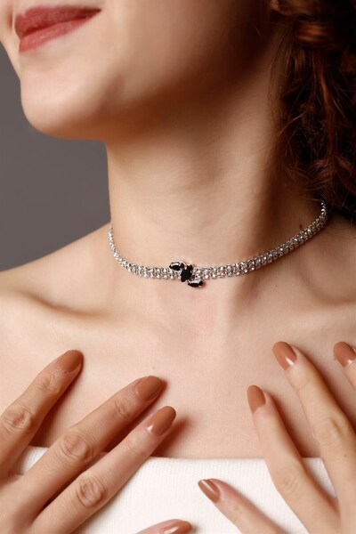 HUBANN Glam Siyah Zirkon Taşlı Choker Kolye, Stylish Taşlı Choker, Su Yolu Ch...