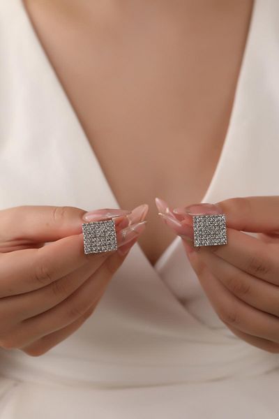 HUBANN Silver Color Mini Square Patterned Stone Earrings Square Mini Earrings Waterway Earrings