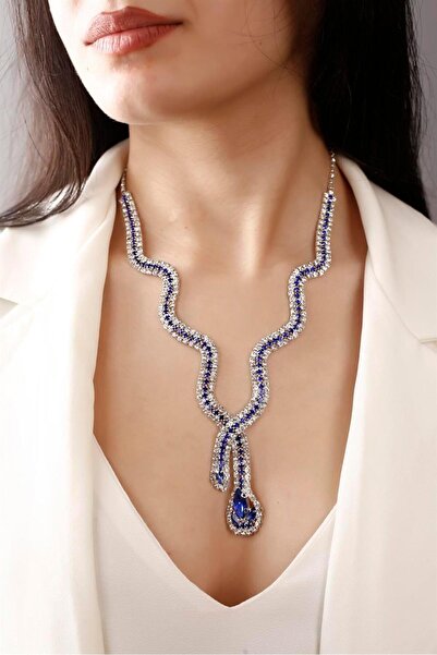 HUBANN Gümüş Kaplama Mavi Taşlı Yılan Tasarım Su Yolu Kolye