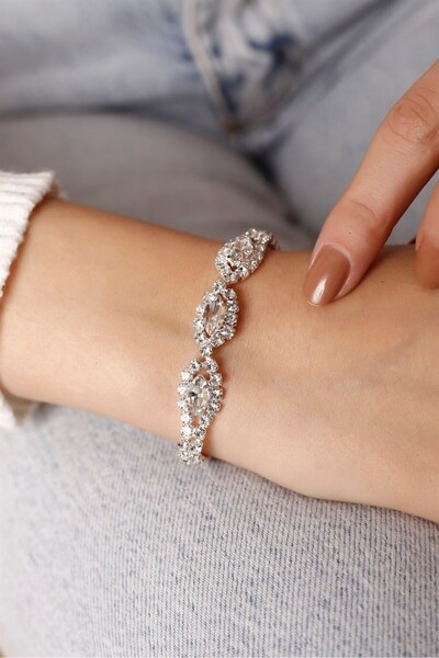 HUBANN Gümüş Kaplama Üç Silver Taşlı Su Yolu Bileklik