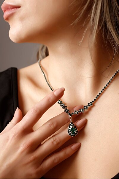 HUBANN Yeşil Su Yolu Zirkon Taşlı Kolye Gelin Nişan Kolyesi Parti Davet Kolyesi Gümüş Kaplama Kolye