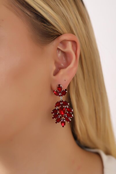 HUBANN Stylish Kırmızı Mekik Taşlı Kadın Küpe Renkli Taşlı Küpe Gümüş Kaplama Küpe Şık Tasarım Küpeler