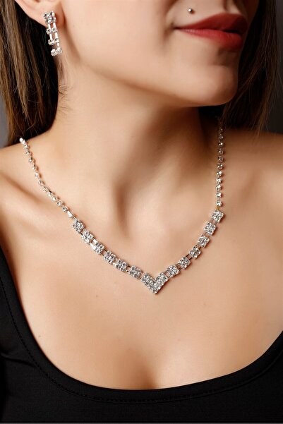 HUBANN Gümüş Kaplama Stylish Desenli Su Yolu Seti Nişan Takı Seti Düğün Seti Abiye Seti Kolye Küpe Seti