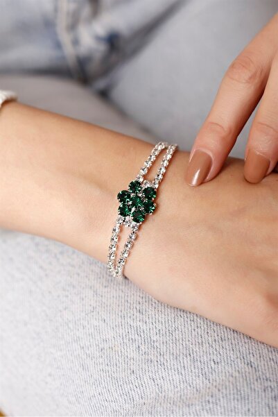 HUBANN Gümüş Kaplama Yeşil Taşlı Çiçek Su Yolu Bileklik