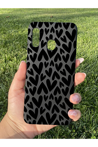 PERAX Galaxy A10S Uyumlu Siyah Parlak Kabartma Baskılı Kalp Desenli Slikon Te...