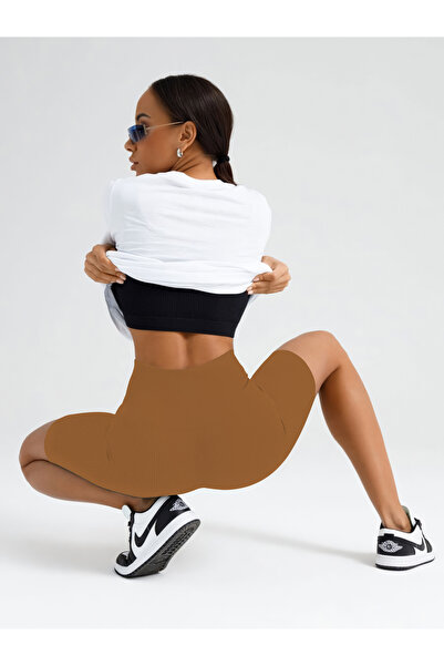 MİSTİRİK Dublin Model - Ribbed Cut Knitted Sports Shorts, Seamless Biker Shorts, Caramel Color