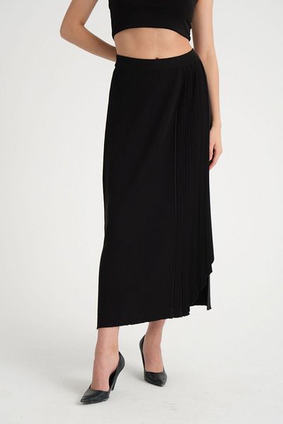 trikobis Asymmetrical Pleat Detailed and Cut Wool Knit Skirt