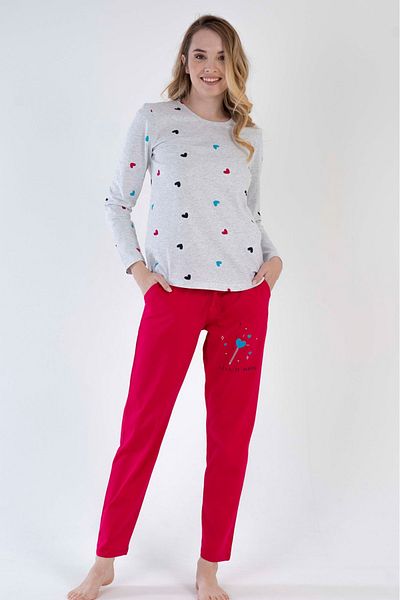 VİENETTA Set de pijamale din bumbac, cu mâneci lungi, cu mâneci lungi, cu gât rotund, cu tiv oval, cu model de inimă
