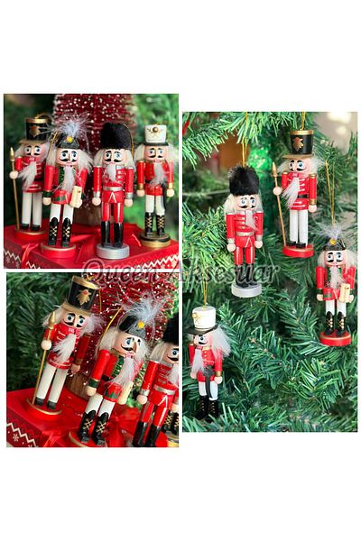 QUEEN AKSESUAR Imported 4-piece movable nut-breaking soldier wood nutcracker set pine wood decoration set red white