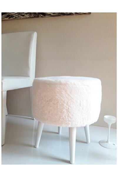 BEYLERBEYİ Gürgen Ahşap Ayaklı Dekoratif Beyaz Pelüş Yuvarlak Puf Bench Koltuk Sandalye