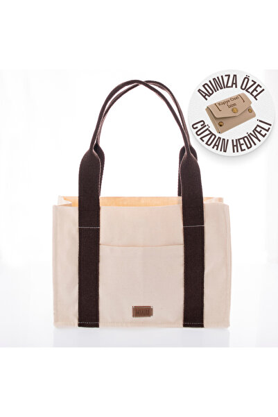 Miaju Canvas Tote Bag, Medium Size Cream-Brown Women's Shoulder Bag, 35x25 cm...