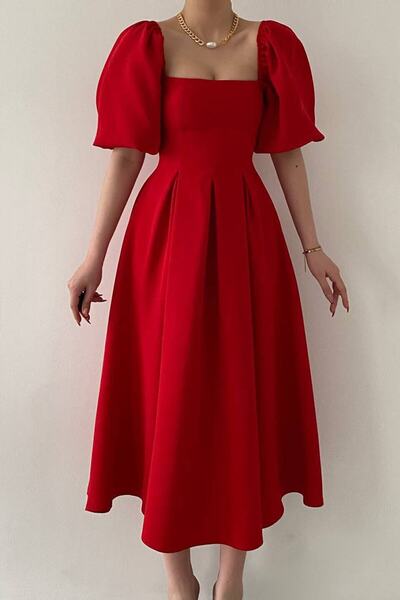 MRY BUTİK Women's Red Square Neck Balloon Sleeve Ruffle Lined Midi Dress