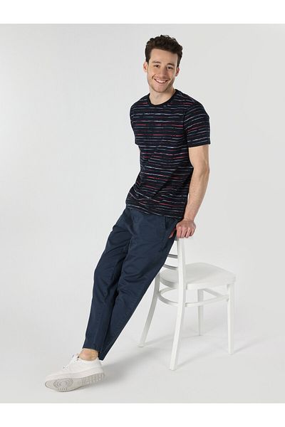 Colin's Navy Blue Striped Regular Fit Men's Short Sleeve T-Shirt