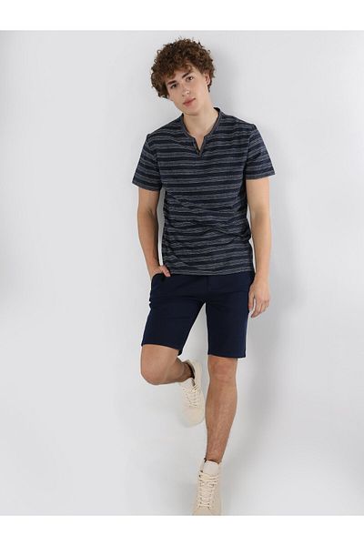 Colin's Navy Blue Striped Regular Fit Men's Short Sleeve T-Shirt
