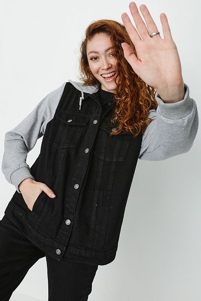 Select Moda Jachetă de blugi oversize din bumbac pieptănat cu mâneci cu glugă pentru femei