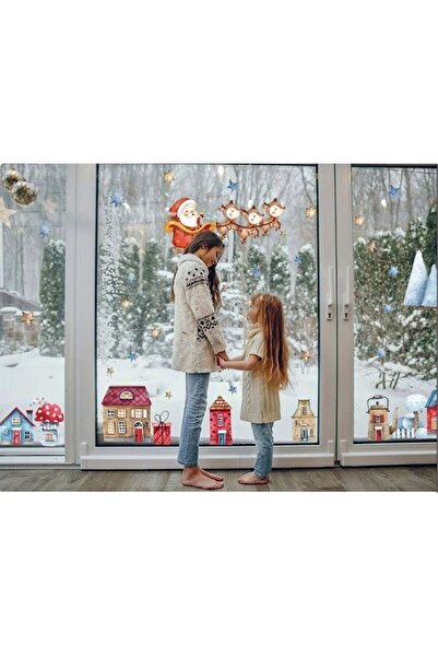 Think And Print Yılbaşı Kırmızı Mavi Temali Noel Desenli Dekoratif Cam Duvar Bebek Çocuk Odası Sticker Seti