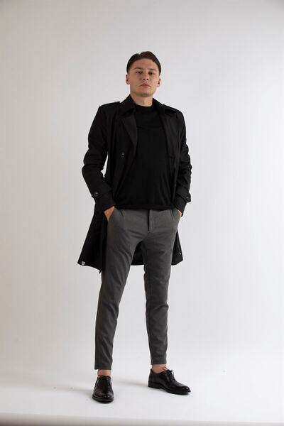 MASERTO Slim Fit Erkek Siyah Trençkot