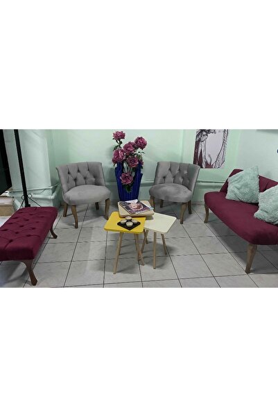 ElizzanMobilya Nev elizzan bordo grı çay seti baby face kumaş puf hediyeli