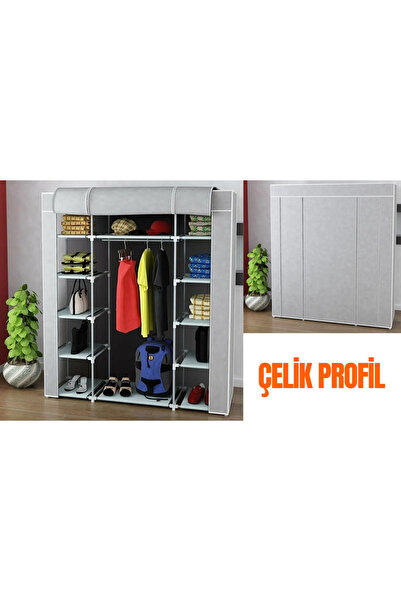 HOLTECH Çift Yandan Raflı Çelik Borulu Bez Dolap Süper Gardırop