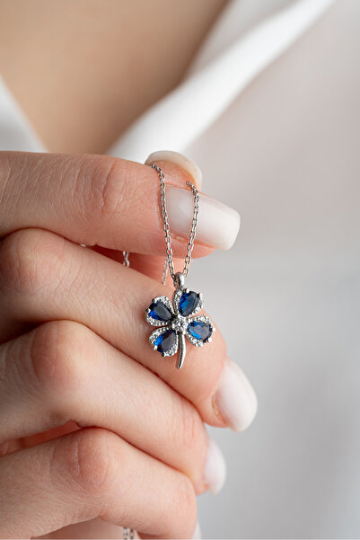 Nereze 925 Ayar Gümüş Rodyumlu Mavi Taşlı Dört Yapraklı Şans Yonca Kolye