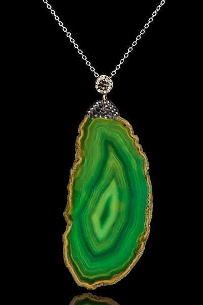 Tesbih Atölyesi Certified Zircon Stone Model Plate Green Agate Stone Necklace