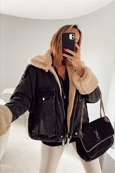 BENİMOLMALI Kadın Kürklü Denim Kadın Mont, Camel, Siyah, Beyaz, Pembe Mont