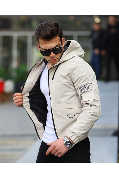 Clavi Seasonal Coat with Sleeve Pockets and Print Detail Water and Windproof Beige