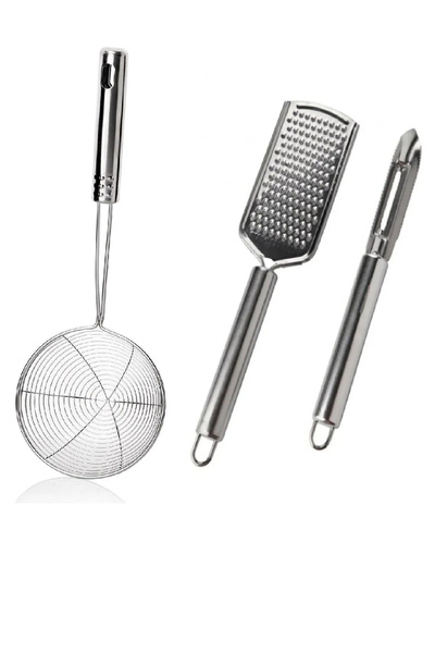 Kitchen Damys Paslanmaz Çelik Kızartma Kevgiri ve El Rendesi, Oyacak Soyacak 3'lü Set