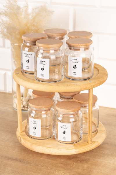 DNS HOME 10-Piece Wooden Flat Vacuum Glass Spice Jar Set with Lids, Spoon, Rotating Stand and Label Storage Jar