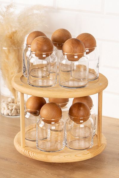 DNS HOME 10-Piece Glass Spice Jar Set with Wooden Ball Lid and Rotating Stand Storage Jar Set 300 ml