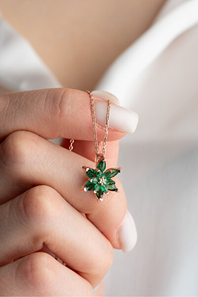 Nereze 925 Ayar Gümüş Rose Yeşil Taşlı Lotus Çiçeği Kolye