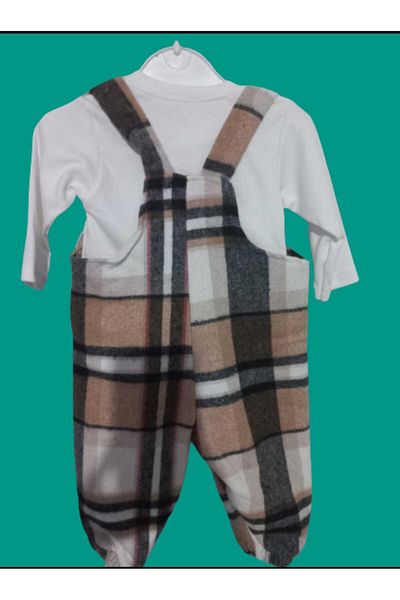 YARENKİDS Unisex Welsoft Plaid Pattern Brown Printed Salopet Slopet Baby Romper