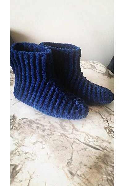 Merut style Ev Botu Panduf Kadife Ip Lacivert El Örgüsü