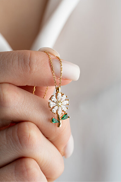 Nereze 925 Ayar Gümüş Gold Kaplama Beyaz Zirkon Taşlı Kır çiçeği Kolye