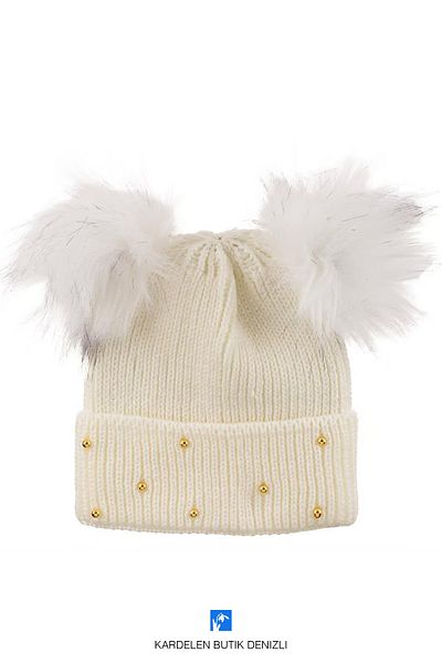 Kardelen Butik Denizli Winter Beaded Double Pompom Knitted Women's Beret