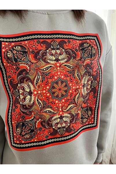 Mint Sequin Detailed Ethnic Patterned Hooded Sweatshirt