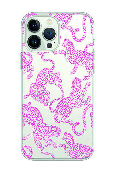 Magic Ring Iphone 15 Pro Uyumlu Pembe Leopar Desenli Şeffaf Telefon Kılıfı