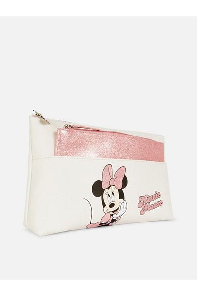 QUEEN AKSESUAR Original Disney Minnie Mouse Glitter Pink Shiny Accessory 2-Piece Makeup Cosmetic Handbag Set