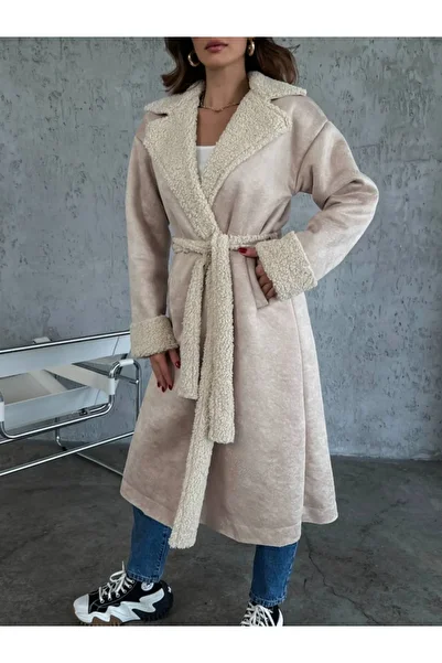 Elif Özbey Butik Stone Fur Belted Long Coat