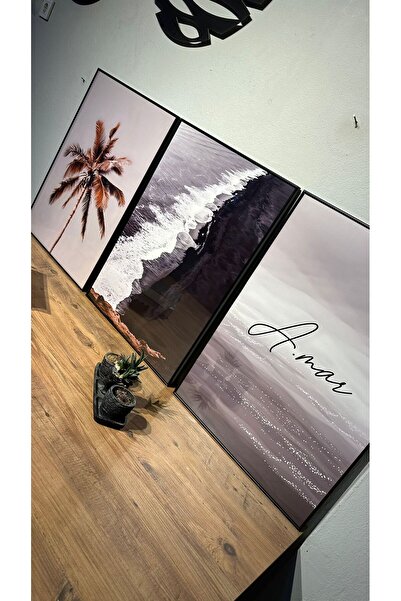 Linacci Set of 3 Black Thin Framed Abstract Palm Amor Style Metal Glass Painting