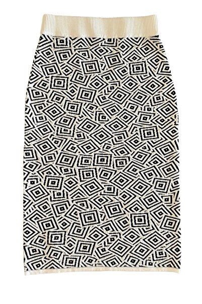 TRUIN Kadın Ekru Renk Siyah Geometrik Desenli Diz Altı Triko Etek