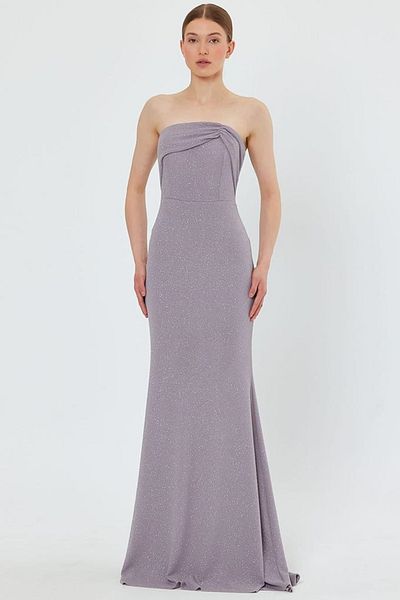 lovebox Flexibles, glitzerndes, rutschfestes, gestreiftes, gefülltes, trägerloses Maxi-Abendkleid in Grau, Fischschnitt 9310