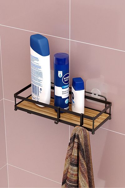 Teknotel Black St180h - Suport pentru șampon organizator cu adeziv și cârlige pentru baie și raft de bucătărie mat