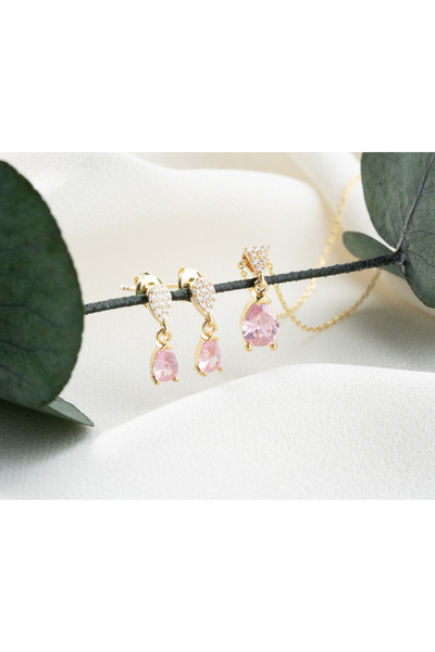 byess 925 Ayar Gümüş Pembe Taşlı Kolye Küpe Set