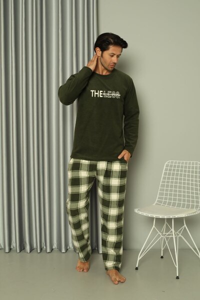 dealp Men's Winter Khaki Green Plaid Patterned Fleece Pajama Set