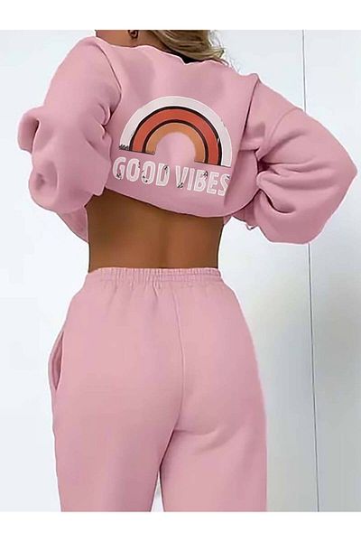 Keywest Women's Good Vibes Printed Oversize 3 Thread Tracksuit Set